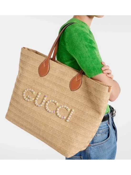 Gucci Beige Straw Tote Bag with Leather Handles - Picture 2 of 13